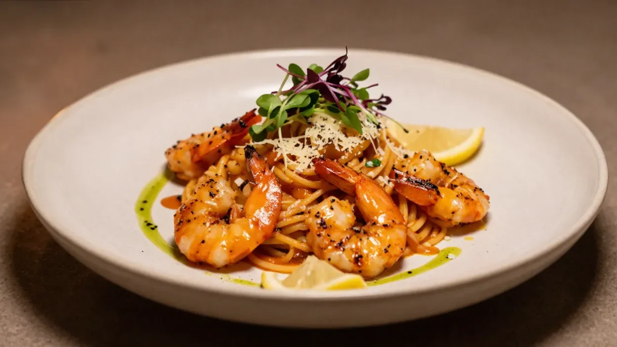 Bright shrimp pasta with herbs, lemon, and gourmet garnish