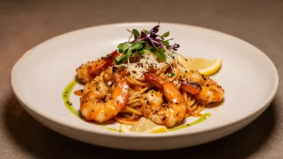 Bright shrimp pasta with herbs, lemon, and gourmet garnish