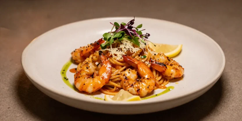 Bright shrimp pasta with herbs, lemon, and gourmet garnish