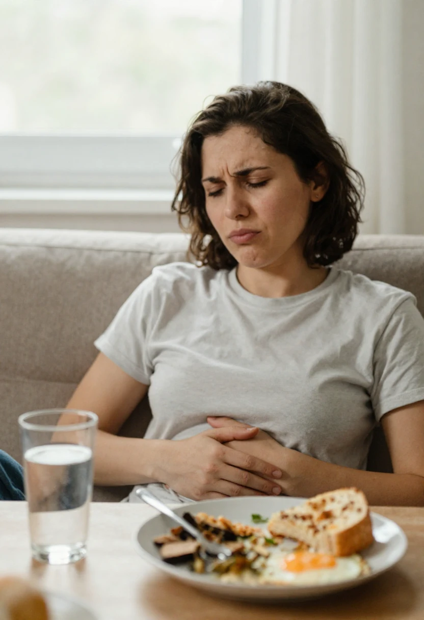 A person looking slightly uncomfortable after eating, with a glass of water nearby and signs of bloating after a heavy meal.