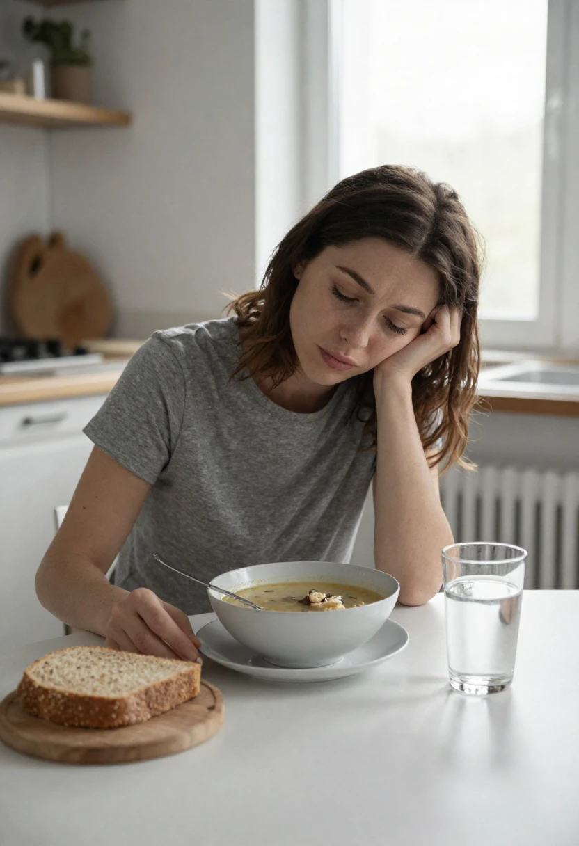 A tired woman sitting at a kitchen table with a simple meal in soft natural light