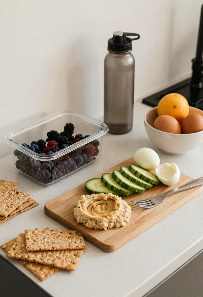 Healthy foods prepared for easy daily habits including berries, sliced vegetables, hummus, boiled eggs, fruit, crackers, and water.