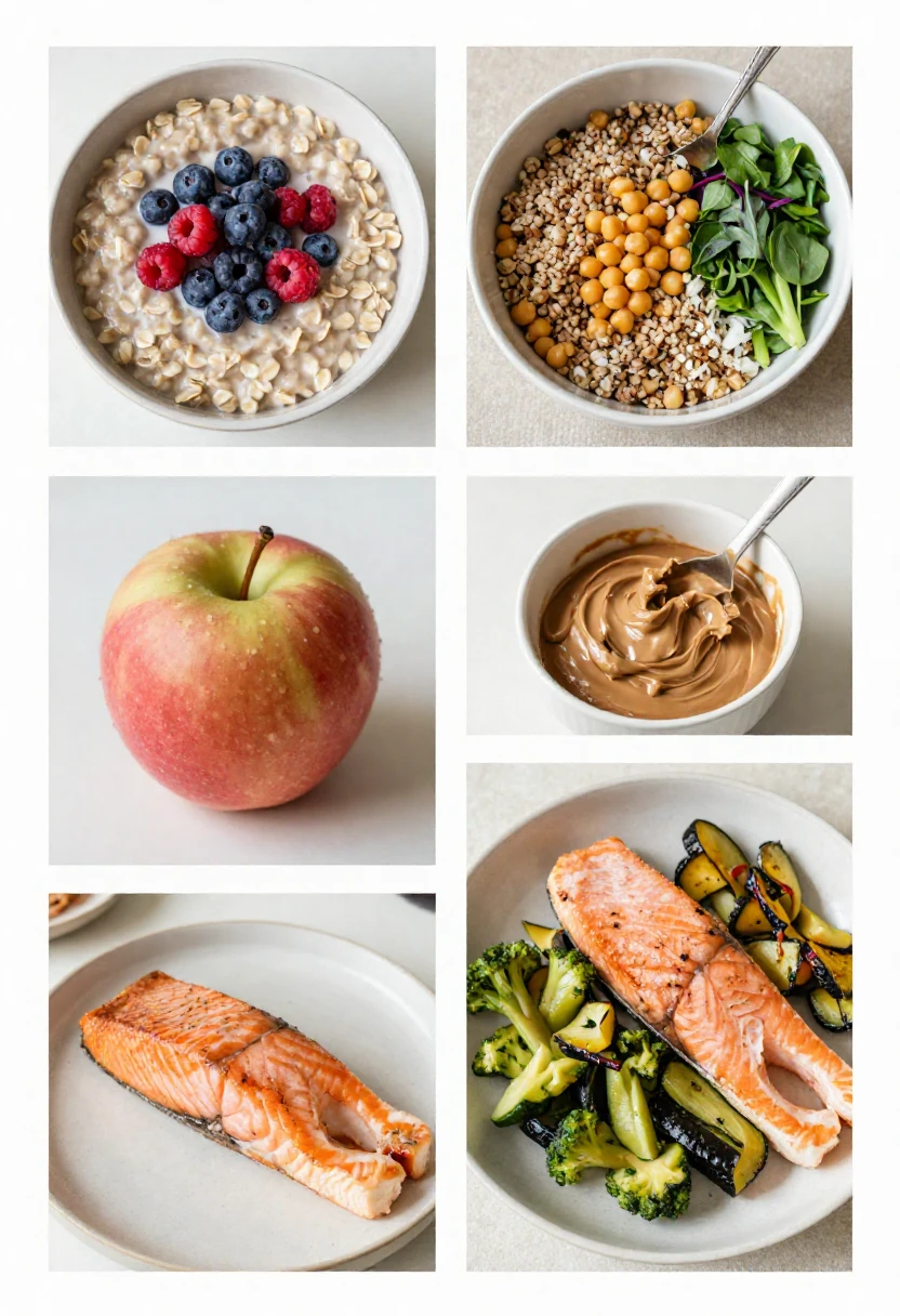A simple day of nutrient-dense meals including oatmeal, a grain bowl, a fruit snack, and salmon with vegetables.