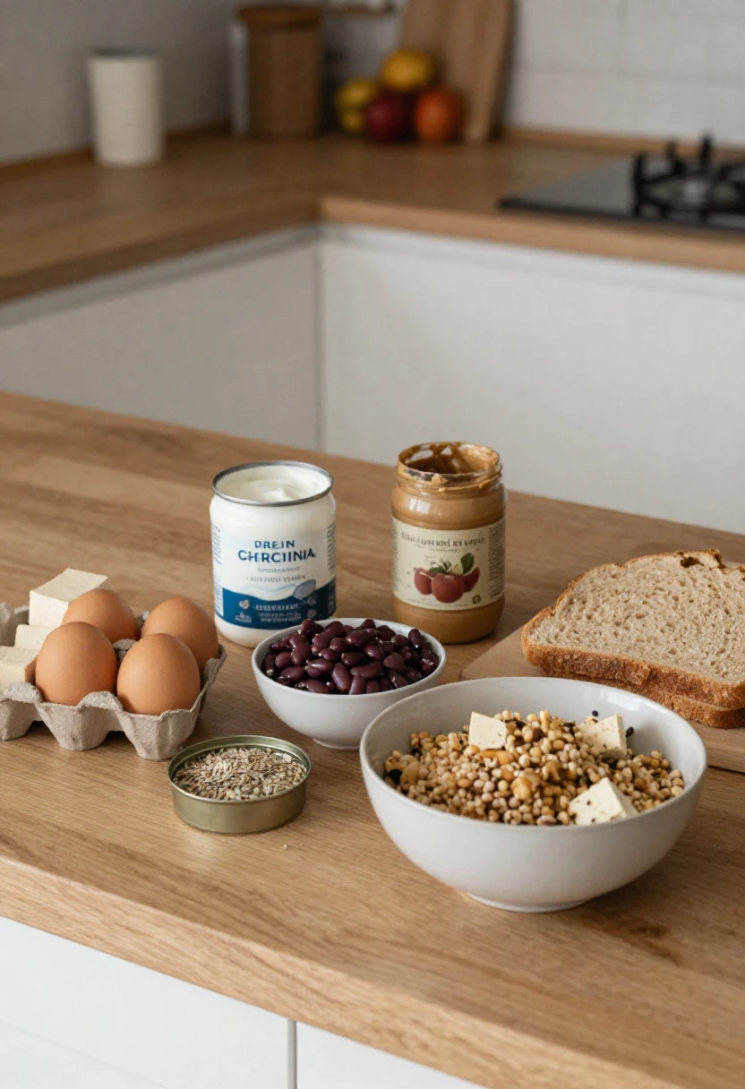 Everyday protein-rich staples like eggs, yogurt, beans, tofu, nut butter, seeds, and whole grains arranged in a warm kitchen