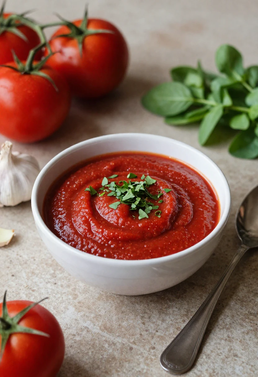 Simple homemade tomato pizza sauce with garlic, olive oil, and herbs