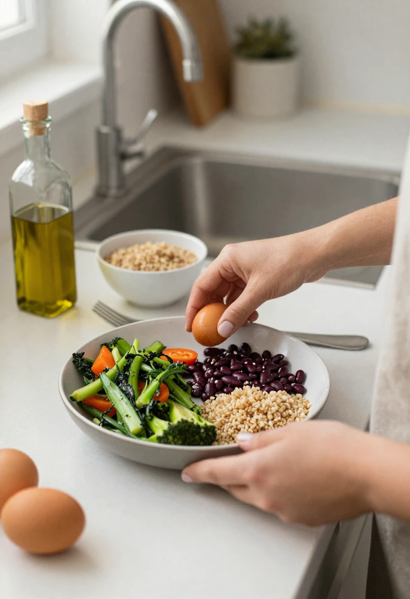 A person preparing a simple balanced meal with whole foods in a cozy kitchen.