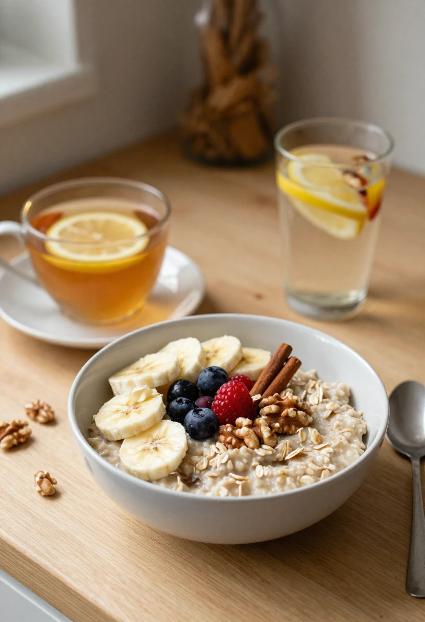 Oatmeal with fruit, cinnamon, tea, and infused water showing simple ways to reduce sweetness naturally.
