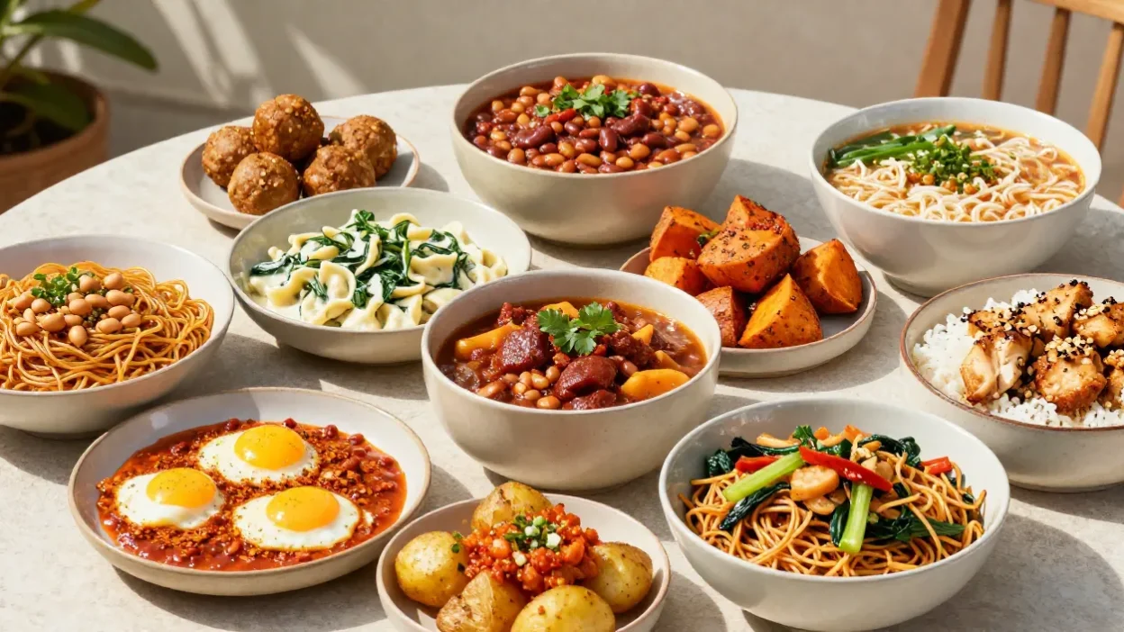 Colorful variety of comfort meals in bright sunny outdoor setting
