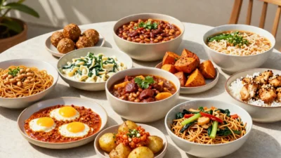 Colorful variety of comfort meals in bright sunny outdoor setting