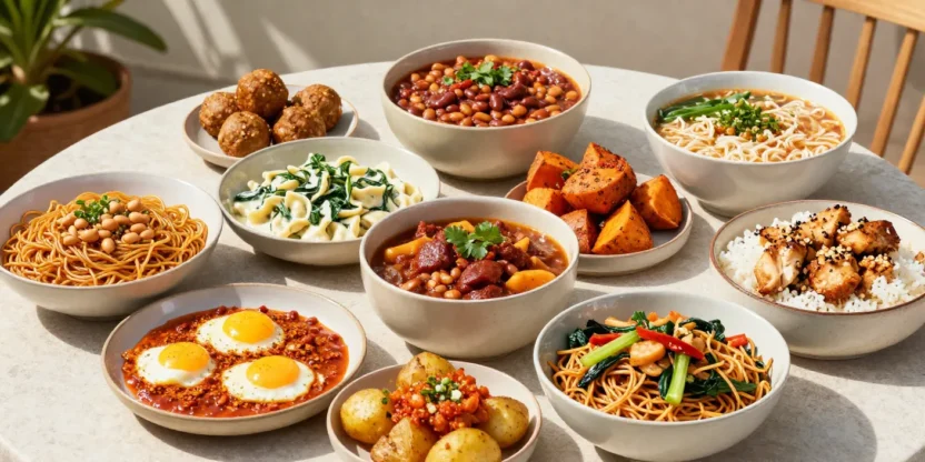 Colorful variety of comfort meals in bright sunny outdoor setting
