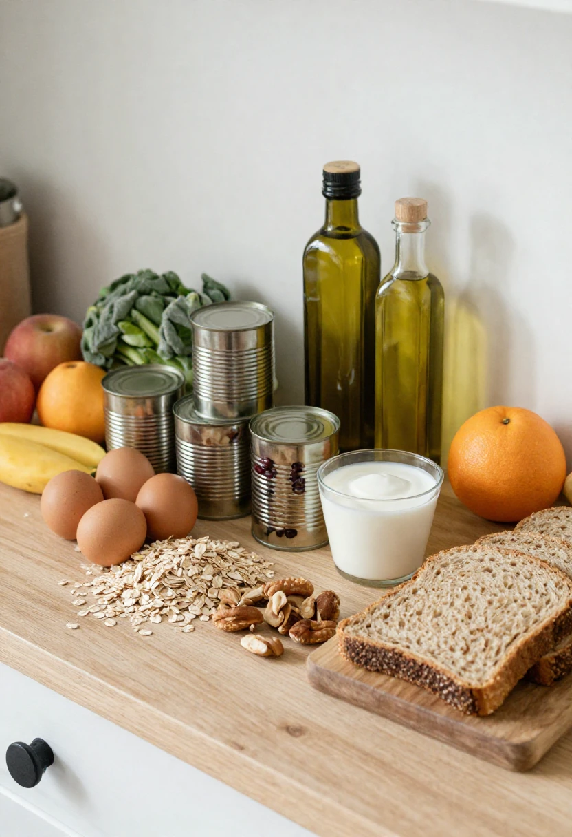 A collection of practical healthy staples in a home kitchen for easier everyday eating.
