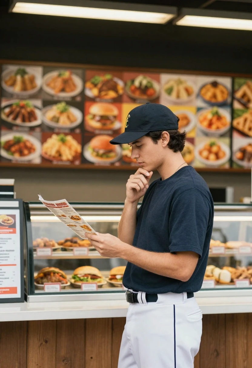 Baseball fan checking the concession menu before ordering food.
