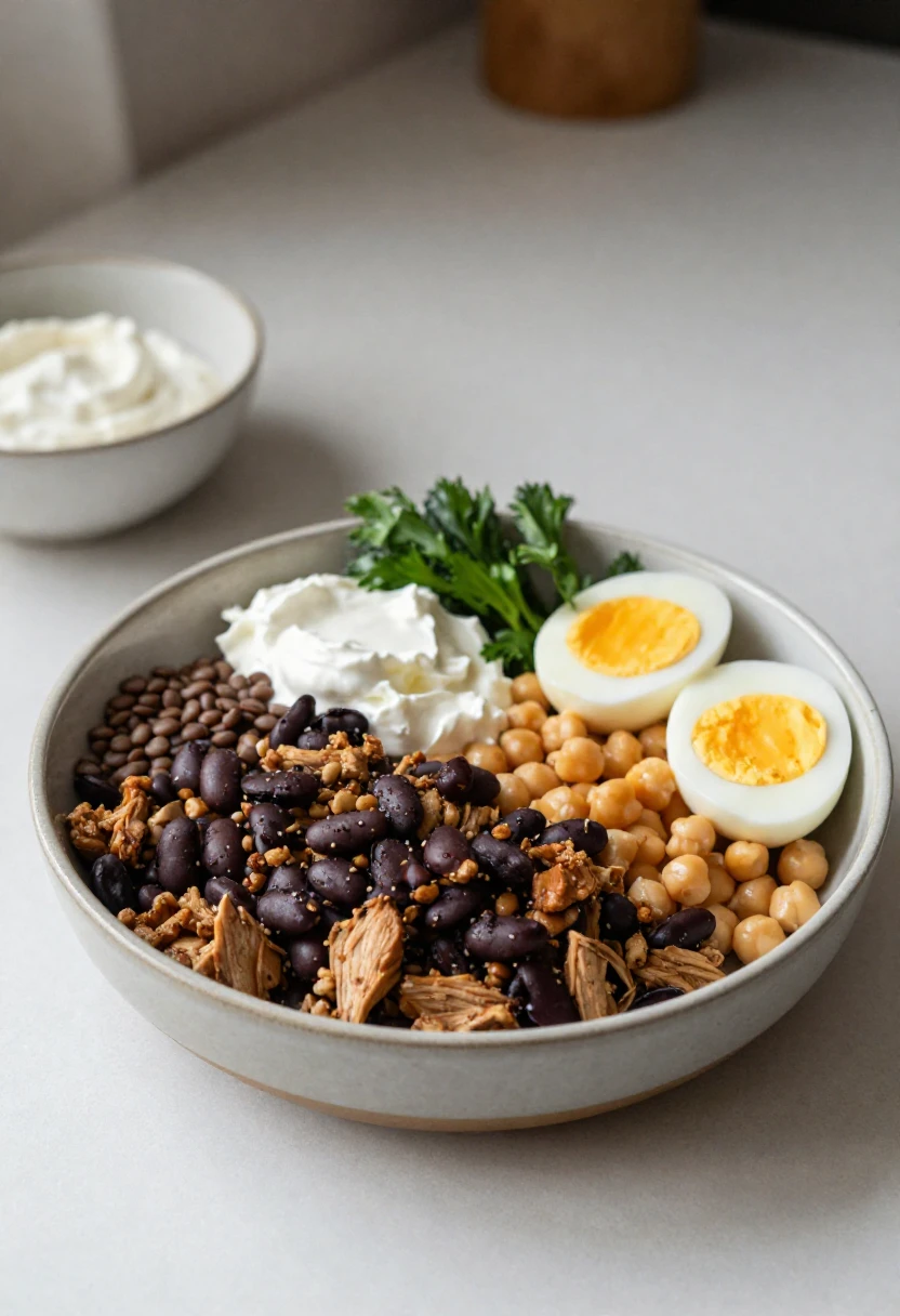 Balanced protein-rich foods including beans, lentils, chickpeas, eggs, Greek yogurt, and turkey taco filling.