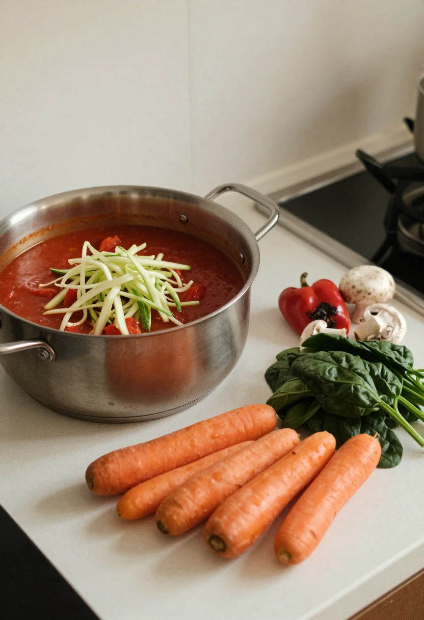 Tomato sauce with hidden vegetables including zucchini, carrots, spinach, mushrooms, and roasted peppers.