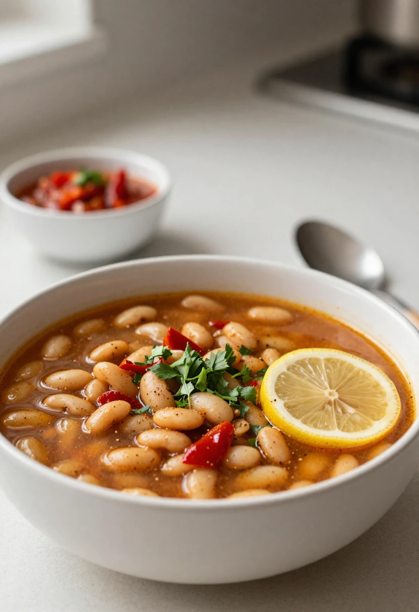 A mild herb-seasoned bean stew as a flavorful but gentler alternative to very spicy foods for sensitive stomachs.