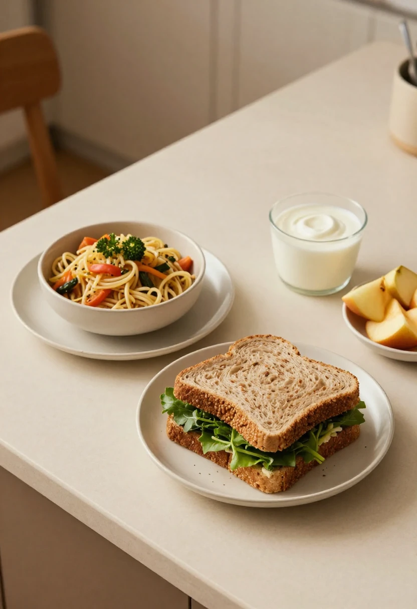 Everyday meals upgraded with whole grains, greens, vegetables, fruit, and yogurt.