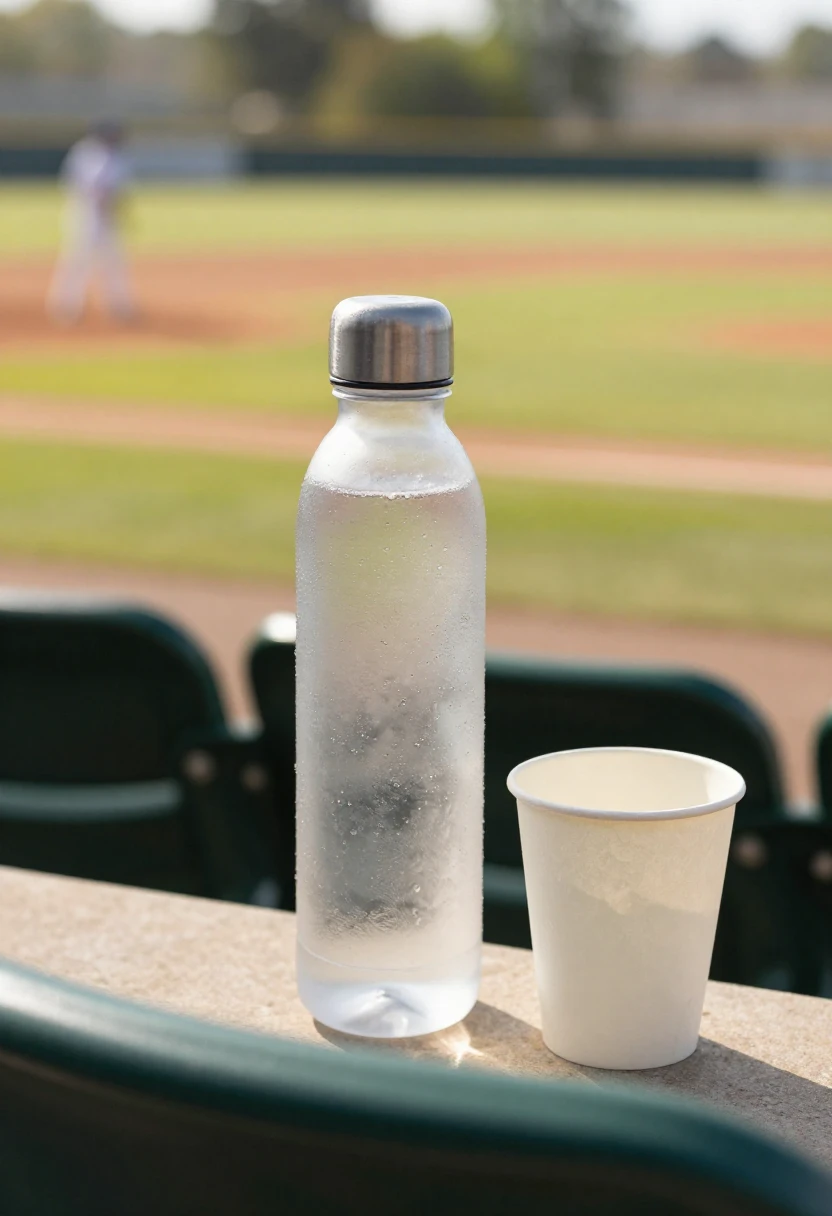 Reusable water bottle at a baseball game on a sunny day.
