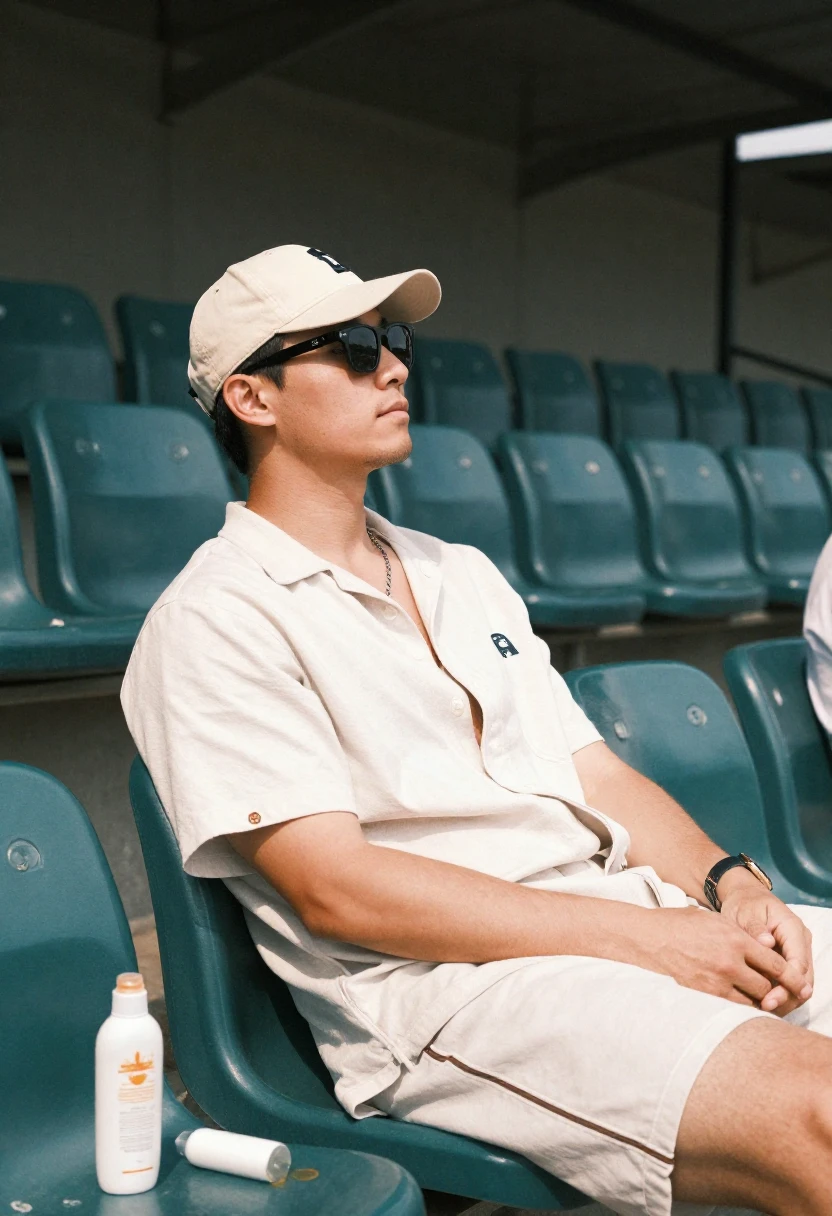 Baseball fan staying cool and comfortable in the stadium heat.