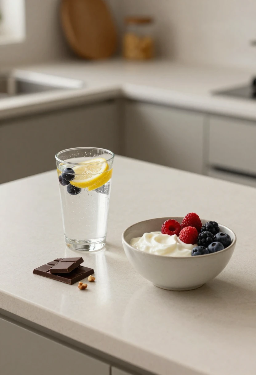 Sparkling water with lemon and berries, Greek yogurt, and dark chocolate as gentler swaps for sugary foods and sweet drinks.