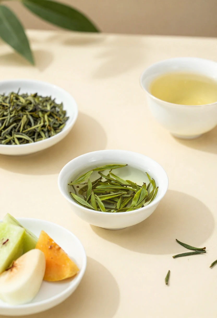 Green tea and a light snack arranged in a calm, cozy afternoon setting.