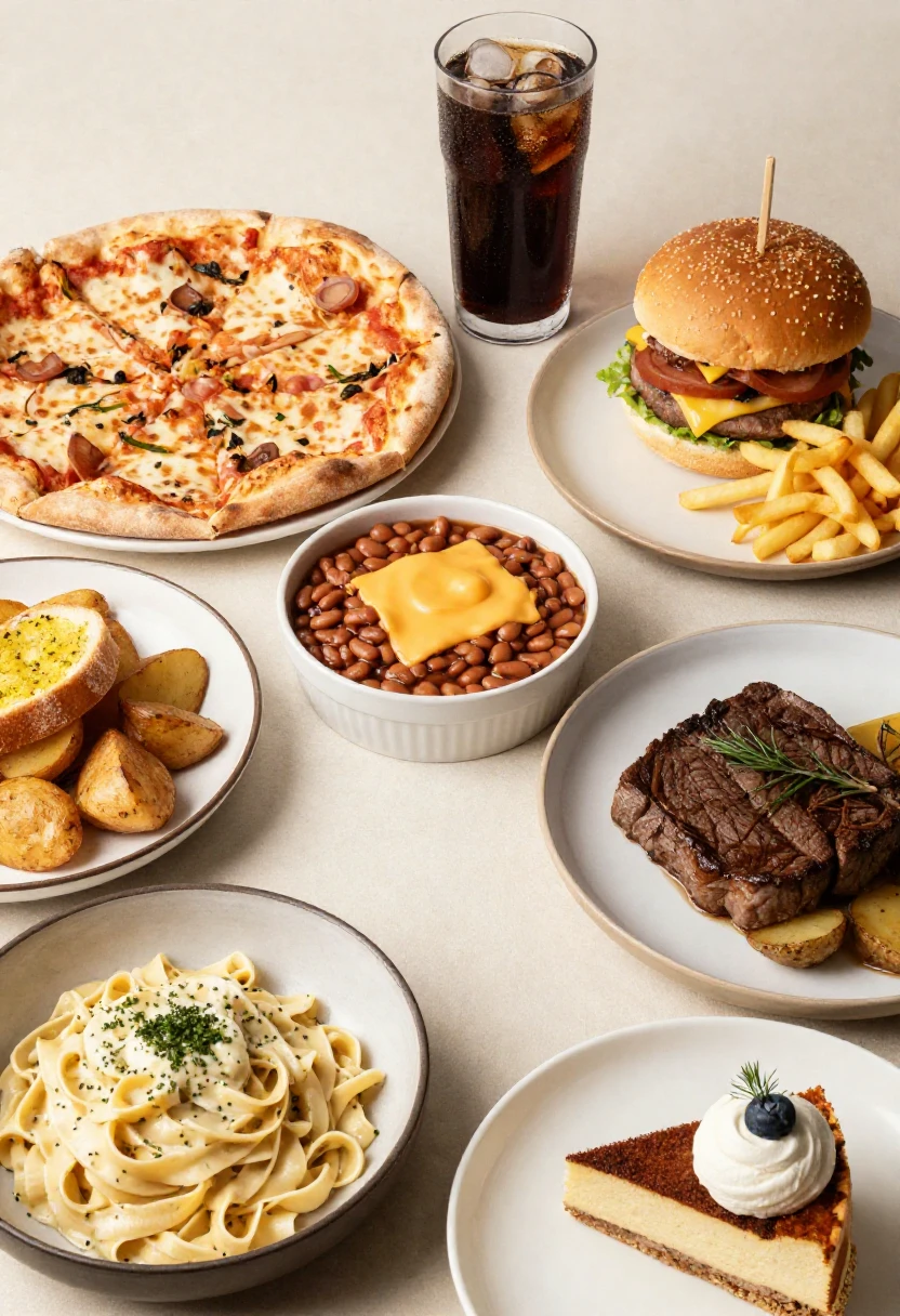 A styled spread of heavy food combinations like pizza and soda, burger and fries, and creamy pasta that may trigger indigestion.