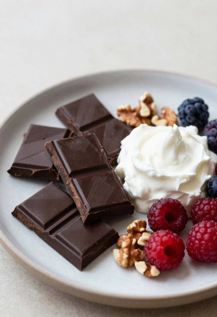 Dark chocolate served with berries, yogurt, and nuts as a healthy home snack