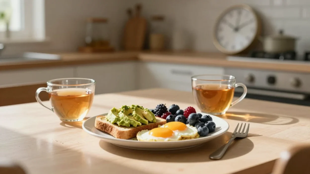 Balanced healthy brunch in a cozy sunlit kitchen representing time-restricted eating.
