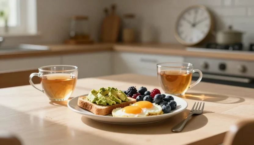 Balanced healthy brunch in a cozy sunlit kitchen representing time-restricted eating.
