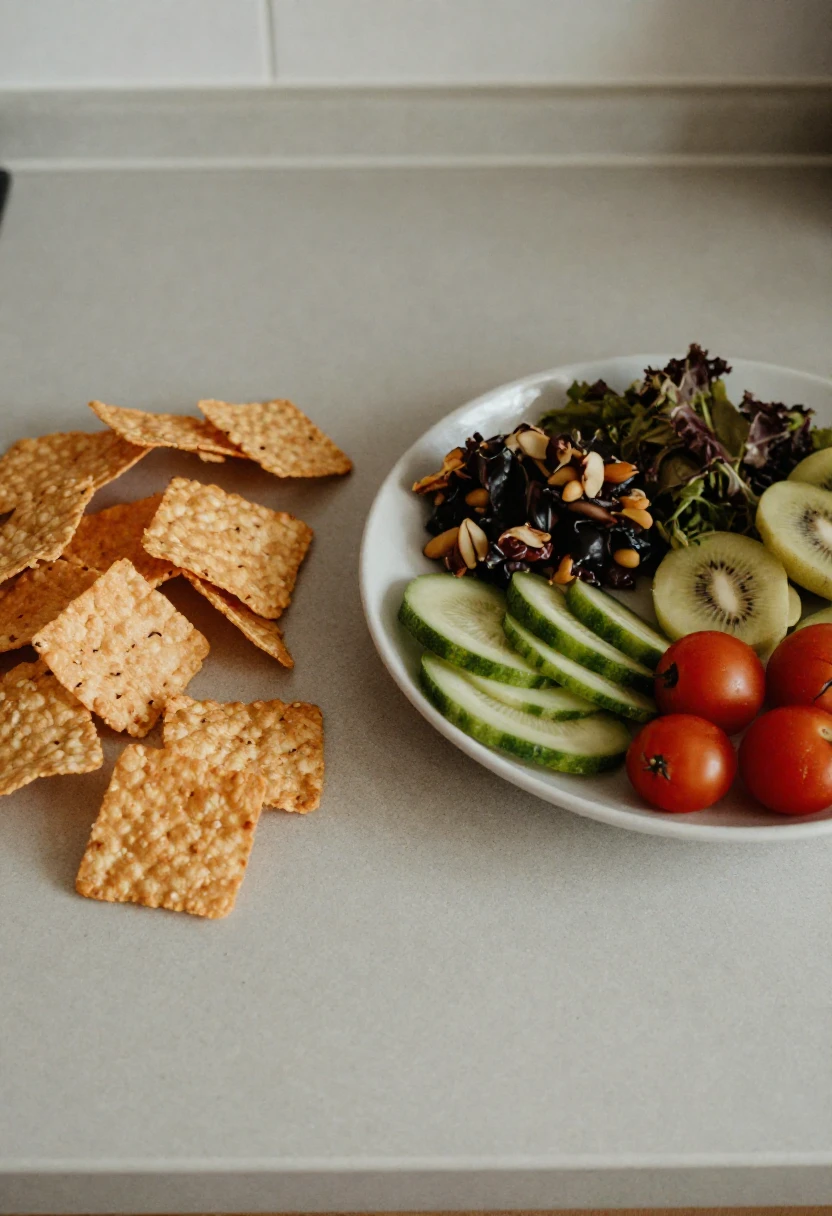 Comparison of processed snacks and balanced whole foods in a kitchen setting.