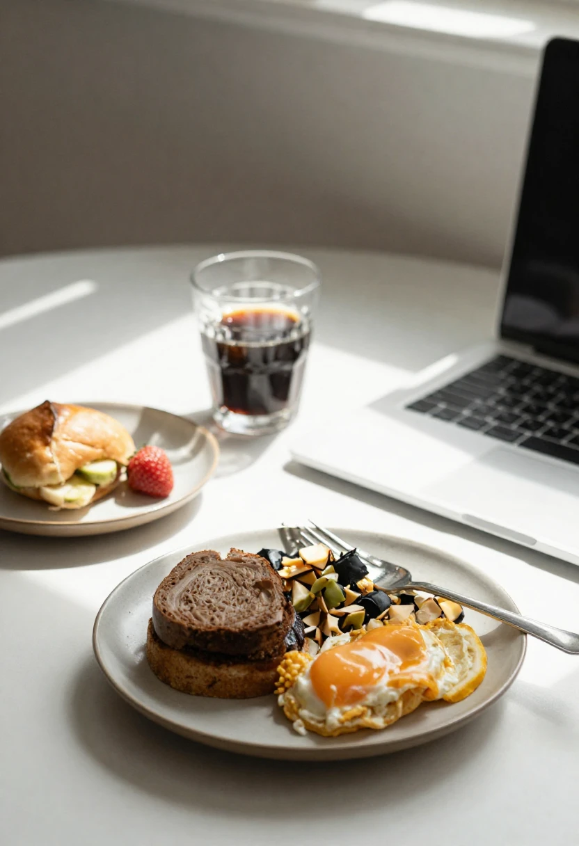 Healthy midday routine with food and drinks that suggest steady energy and focus