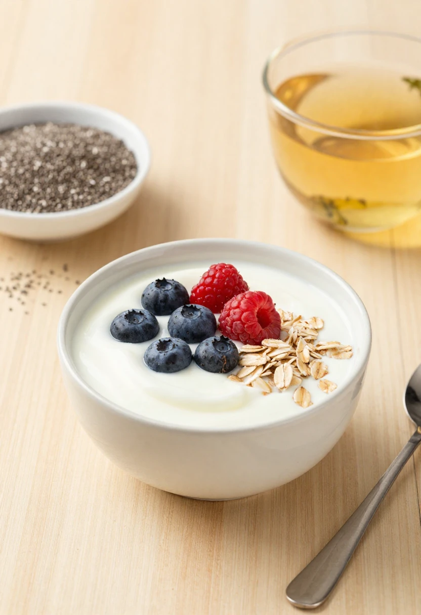 Gut-friendly foods in a soft natural setting supporting digestive wellness