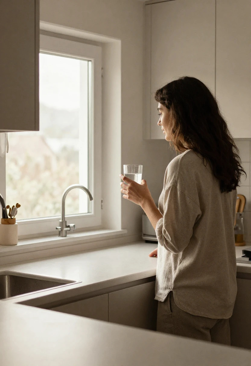 Peaceful morning kitchen scene showing a calm start to a time-restricted eating routine.