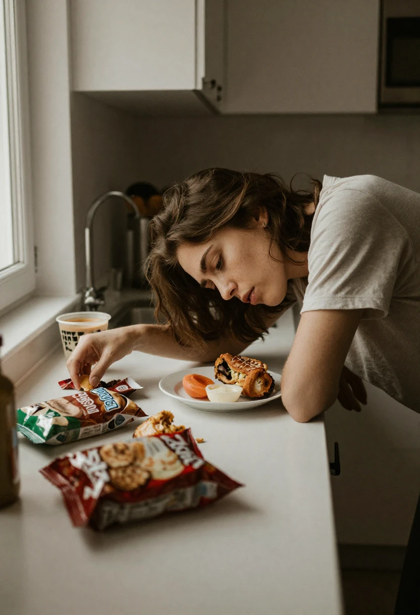 A tired person in the kitchen reaching for a snack after an unsatisfying meal.