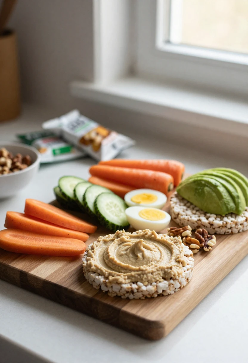 A gut-friendly snack board with fruit, hummus, vegetables, boiled eggs, nuts, and avocado rice cakes as alternatives to ultra-processed packaged foods.