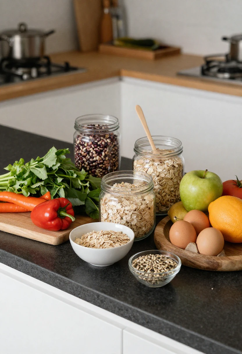 A kitchen counter showing the contrast between convenience foods and fresh whole foods.