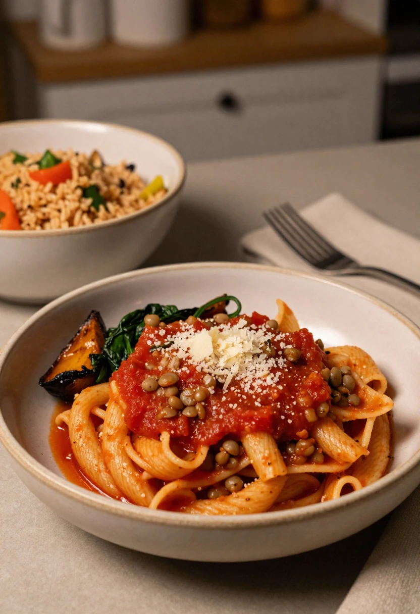 Healthy comfort meal with pasta, tomato sauce, roasted vegetables, spinach, lentils, and brown rice.