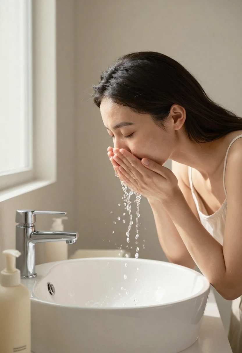 Woman gently cleansing her face with a vegan cream cleanser in soft morning light