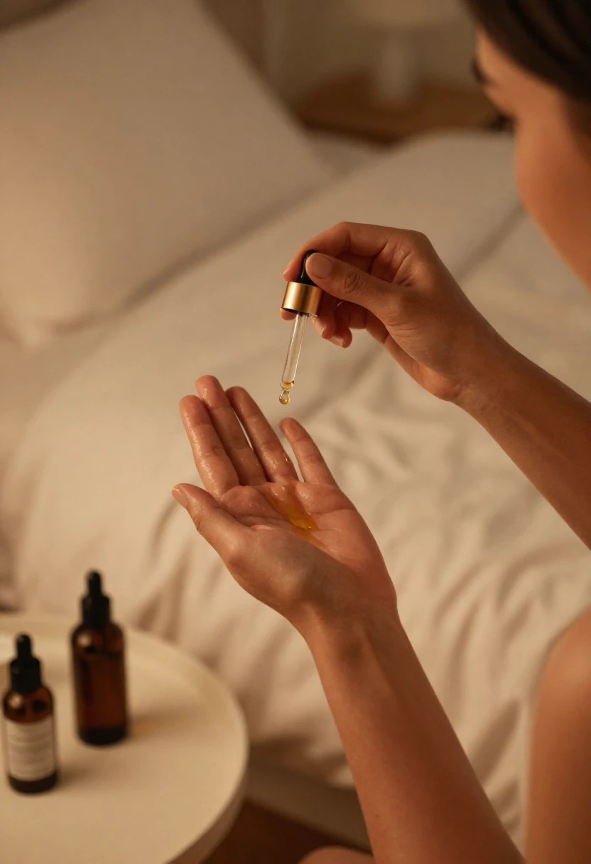 Woman applying vegan face oil as final step of winter skincare routine in cozy bedroom