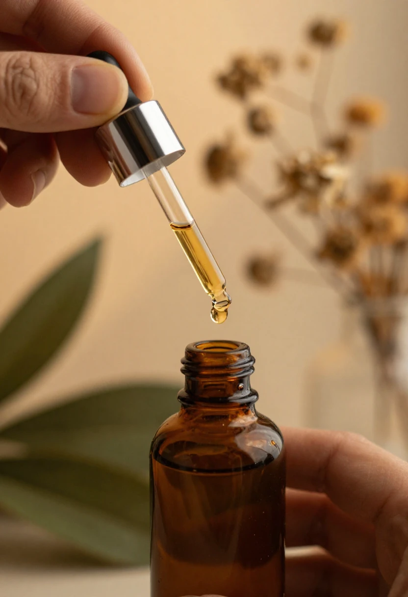 Vegan serum dropper bottle with golden drop for winter skincare treatment step