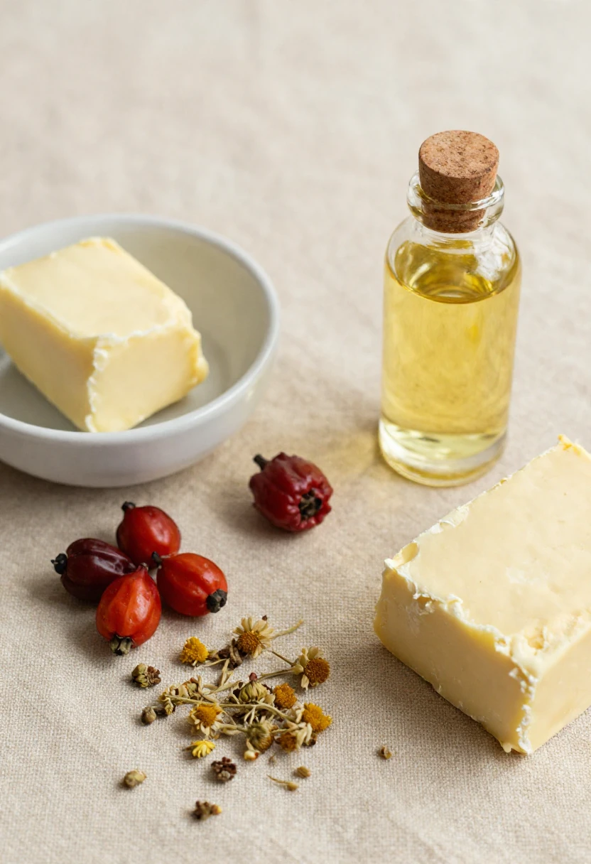 Natural plant-based vegan skincare ingredients including shea butter rosehip and chamomile