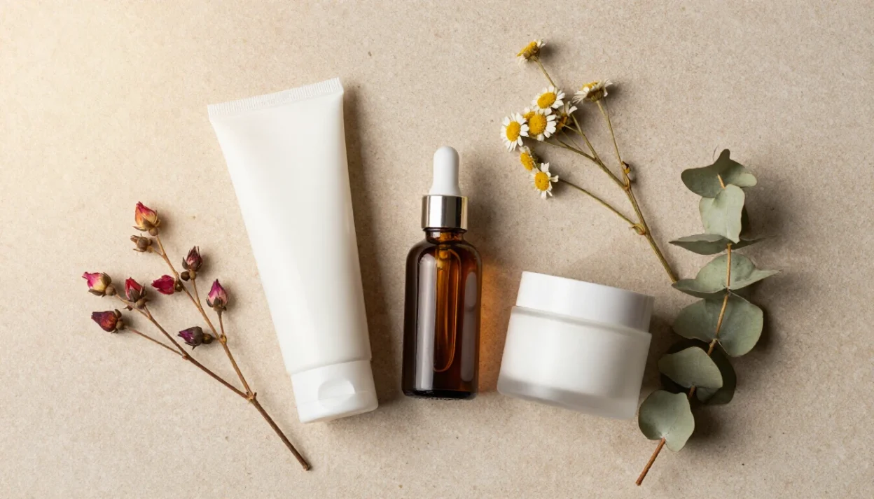 Simple vegan skincare routine products for fall and winter arranged with dried botanicals