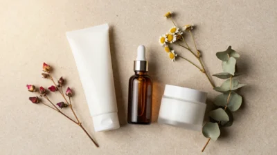 Simple vegan skincare routine products for fall and winter arranged with dried botanicals