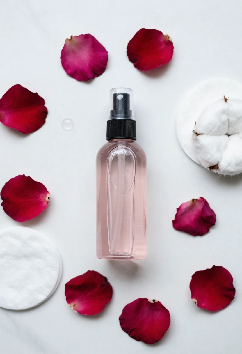 Vegan rose water toner with fresh rose petals on marble surface for winter skincare routine