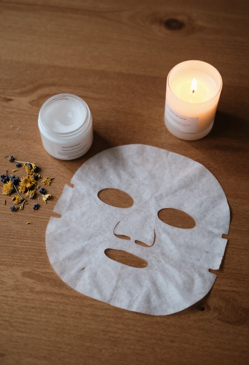 Vegan weekly skincare extras including enzyme exfoliant sheet mask and soy candle for winter self-care
