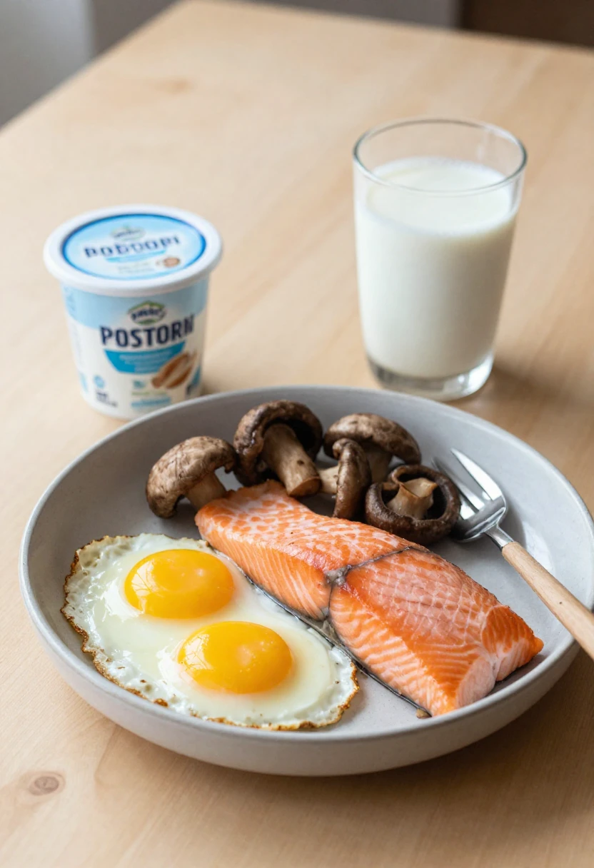 Vitamin D foods including salmon, eggs, mushrooms, yogurt, and fortified milk.