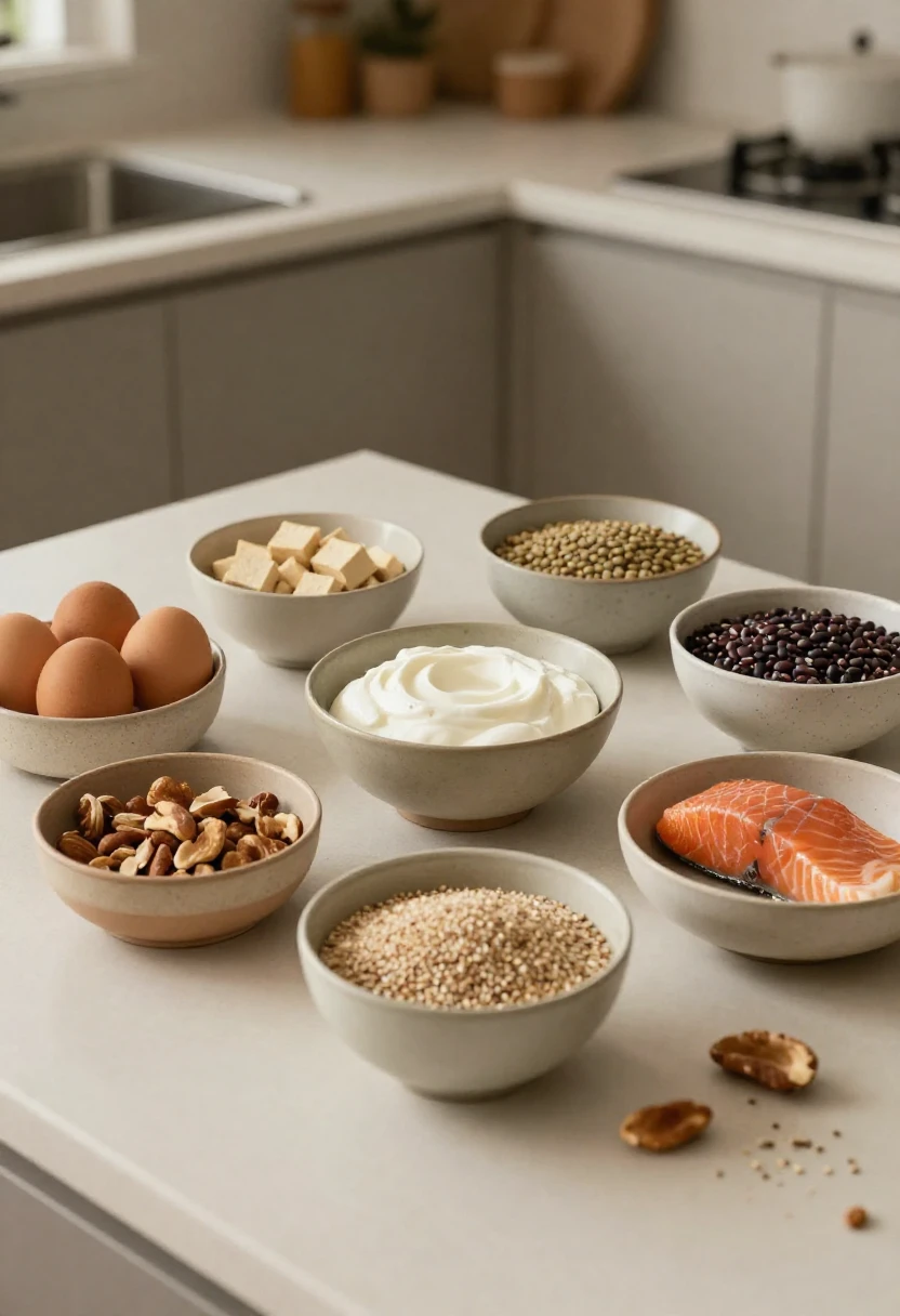 A variety of protein-rich foods including eggs, yogurt, salmon, tofu, lentils, quinoa, beans, nuts, and seeds on a kitchen counter