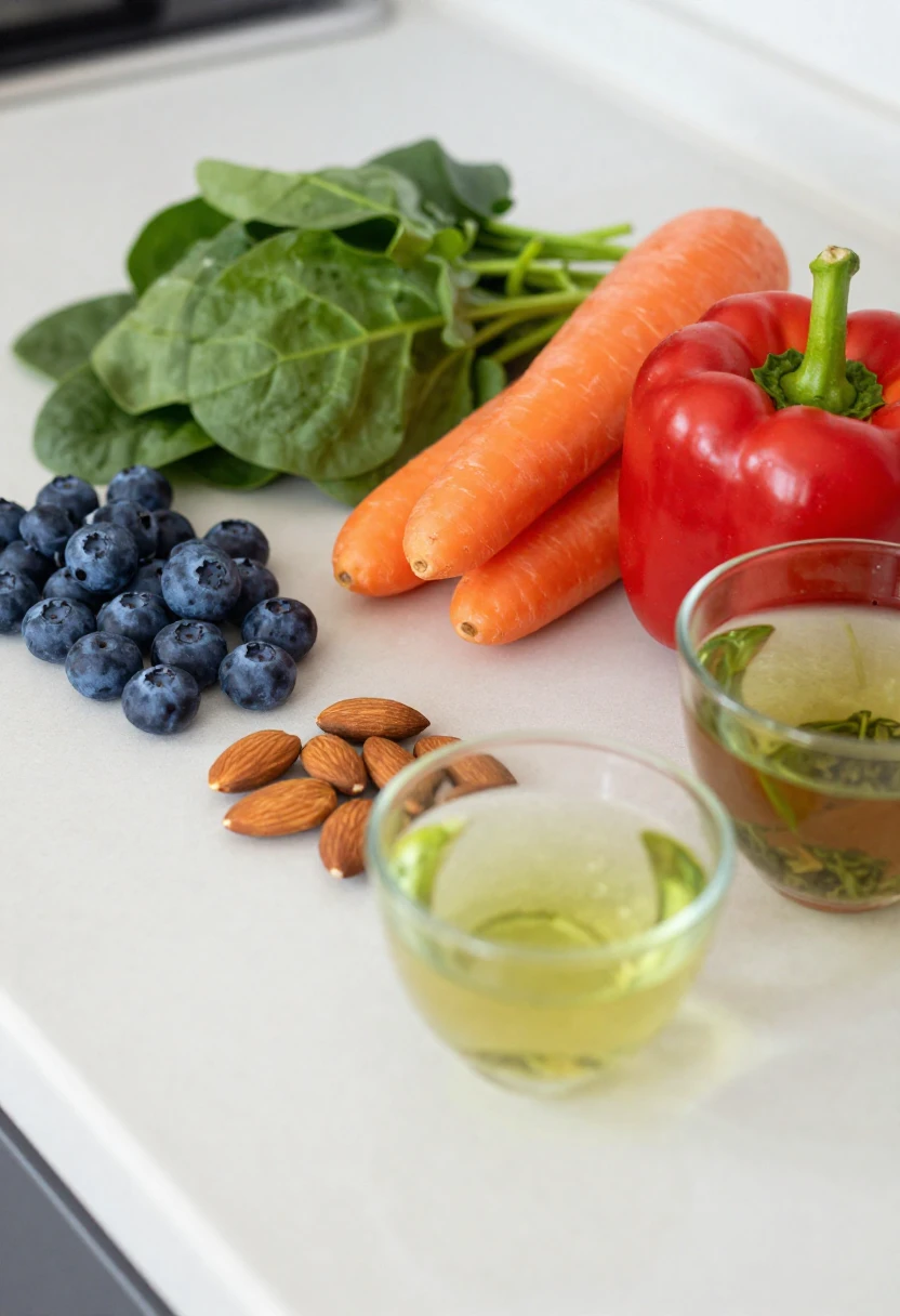 A selection of colorful antioxidant-rich foods including berries, greens, vegetables, nuts, and tea.