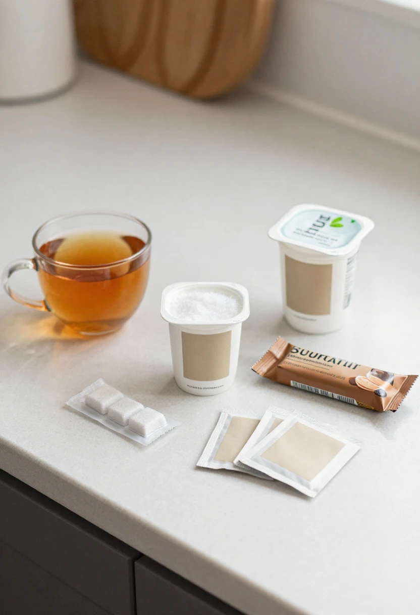 Everyday foods and drinks that may contain artificial sweeteners on a clean kitchen counter.