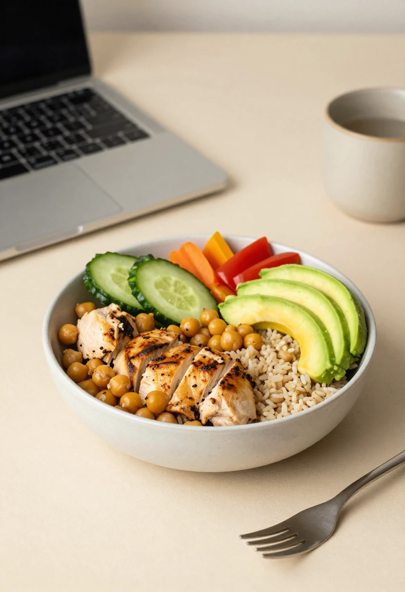 Balanced healthy work meal with protein, grains, vegetables, and healthy fats.