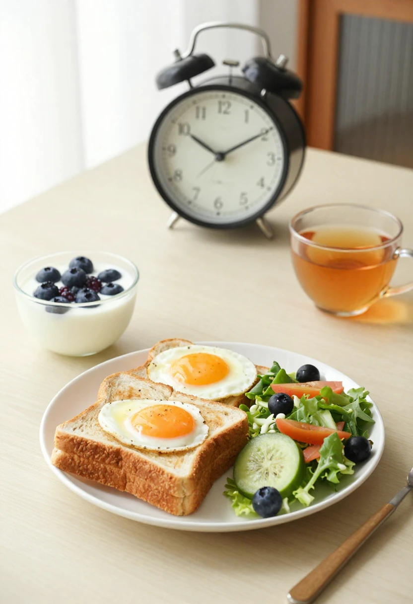 Healthy meals and a clock illustrating the concept of time-restricted eating.